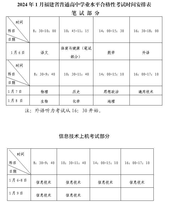 2024年泉州高二学考时间表