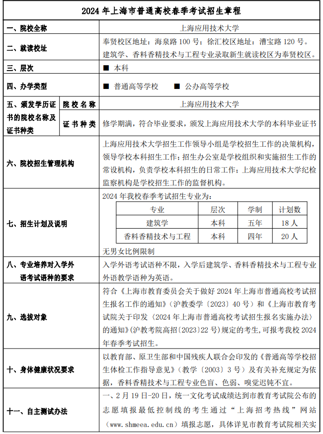 上海应用技术大学春季高考招生简章