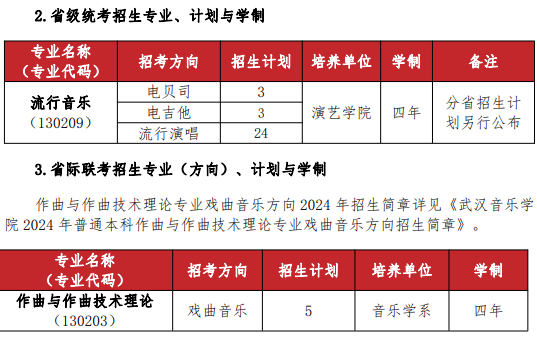 2024武汉音乐学院校考招生计划