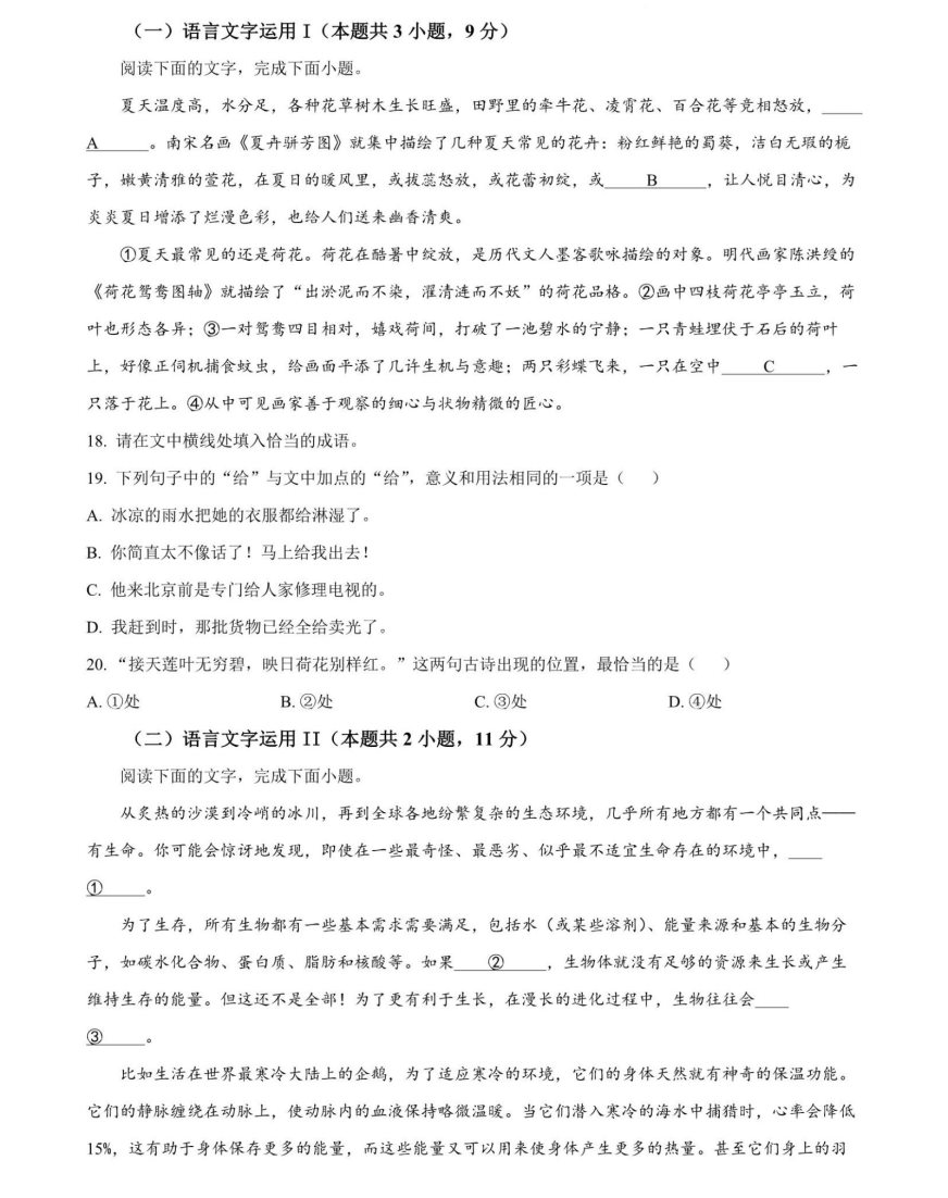 2024高考语文九省联考试题及答案