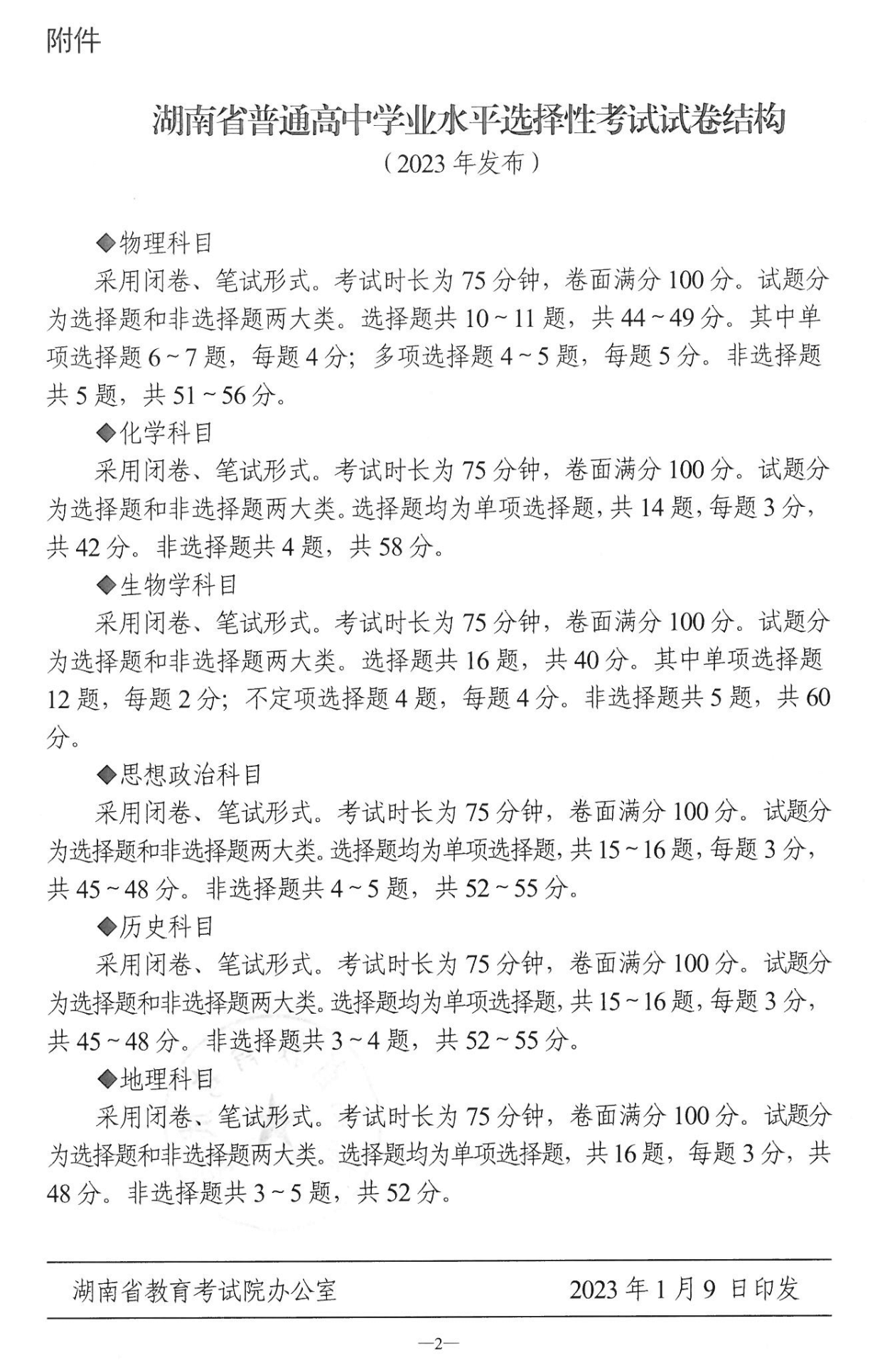 湖南省普通高中学业水平选择性考试试卷结构