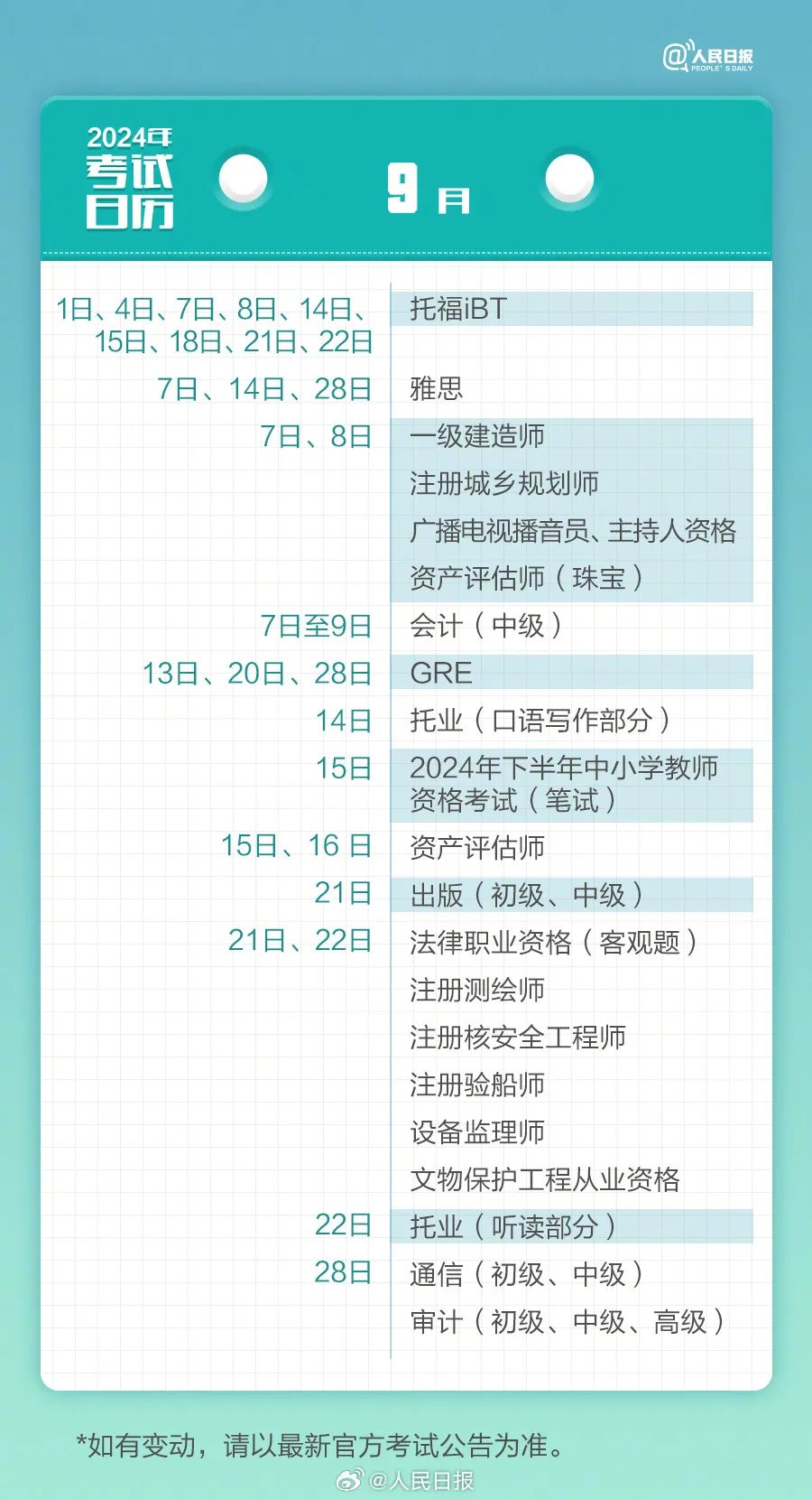 2024年所有考试时间表