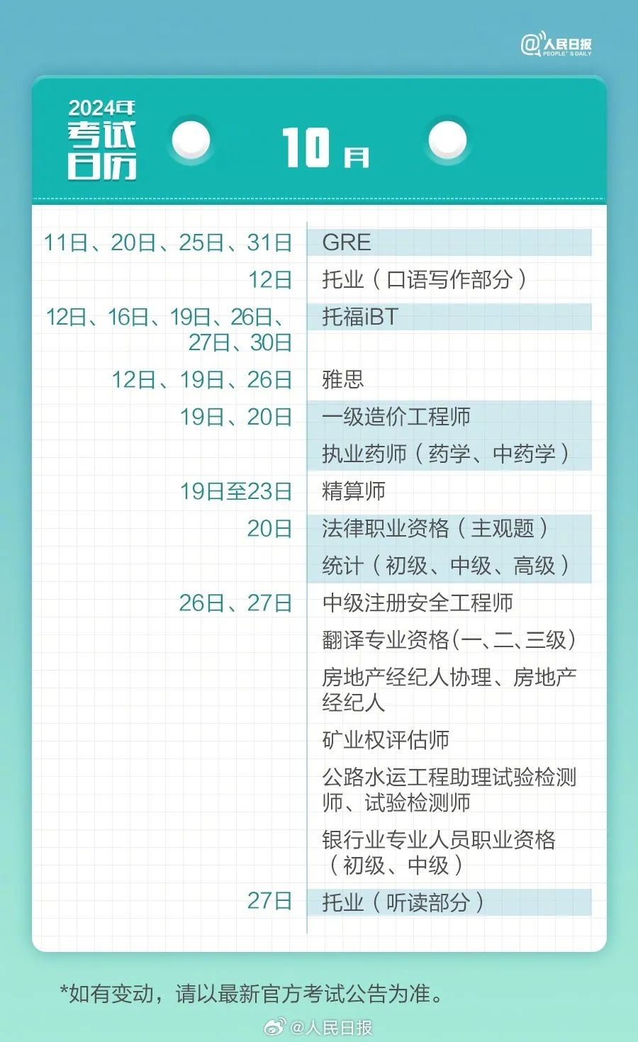 2024年所有考试时间表