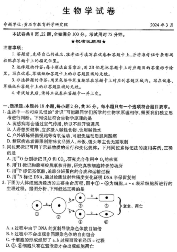 2024届湖北省八市高三(3月)联考生物试题答案