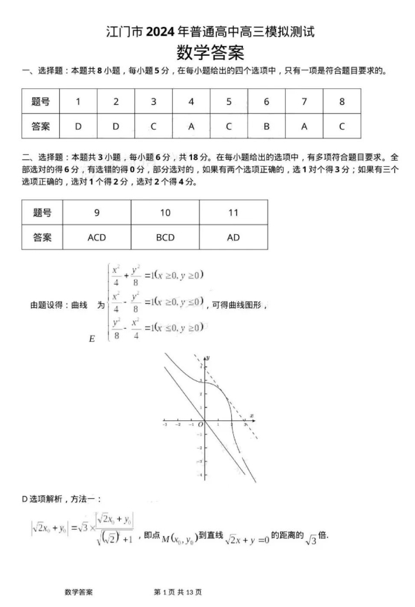广东省江门市2024年高考模拟考试数学试题及答案（一）