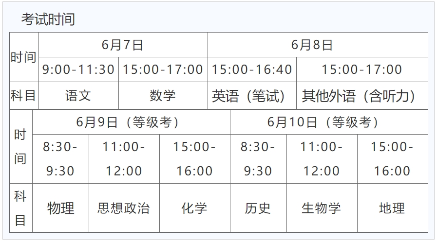 2024天津高考时间及科目安排
