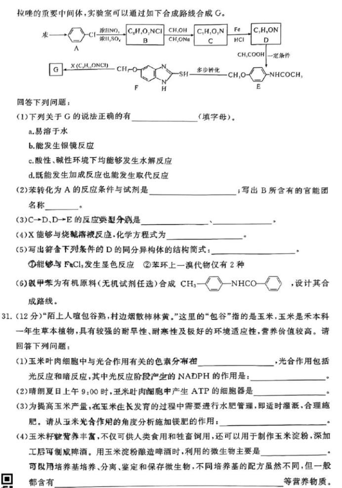 山西2024年高三第二次T8联考理综试题及答案