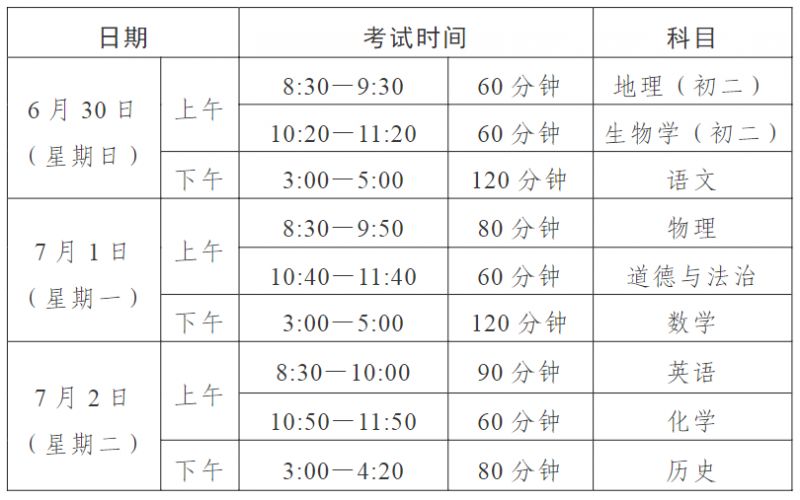 汕头2024中考时间安排表